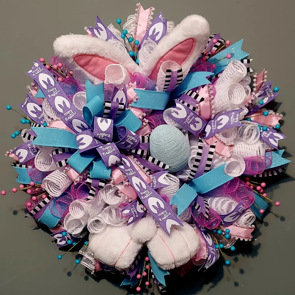 Hand Crafted Easter Bunny Wreath - Pink, Teal, Purple